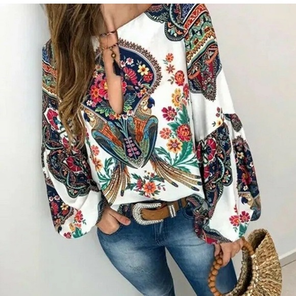 Boho Parrot Floral Tassel V-Neck Flared Sleeve Top - Picture 3 of 4